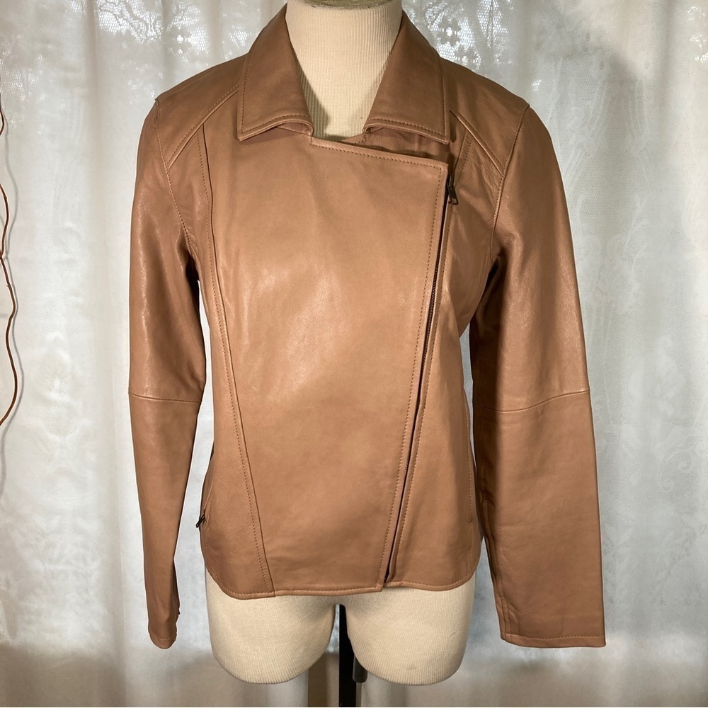 NWT Eileen Fisher  Women’s Bleige Asymmetrical Leather Jacket Size 8